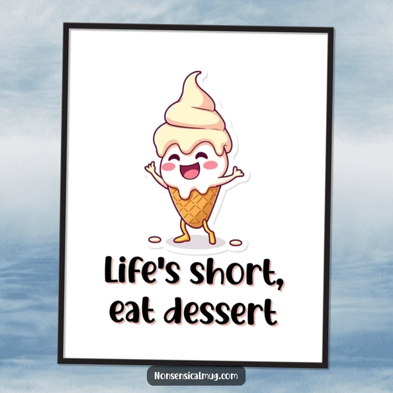 Funny Free Printable Wall Art: Melting ice cream cone character doing a silly dance, adding sweet, downloadable, quirky humor.