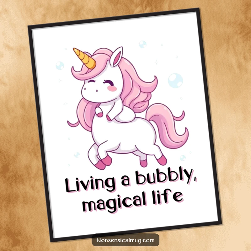 Funny Free Printable Wall Art: Giggling character rides a fantastical unicorn made of iridescent, shimmering bubbles.