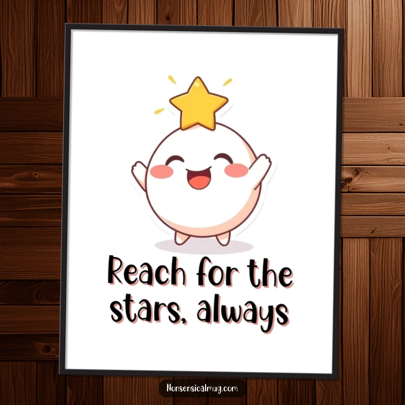 Funny Free Printable Wall Art: Cheerful round character joyfully bouncing a radiant star, quirky celestial-themed home decor.