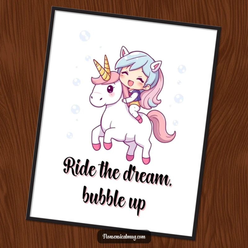 Funny Free Printable Wall Art: a giggling character rides a unicorn made entirely of shimmering, iridescent bubbles.