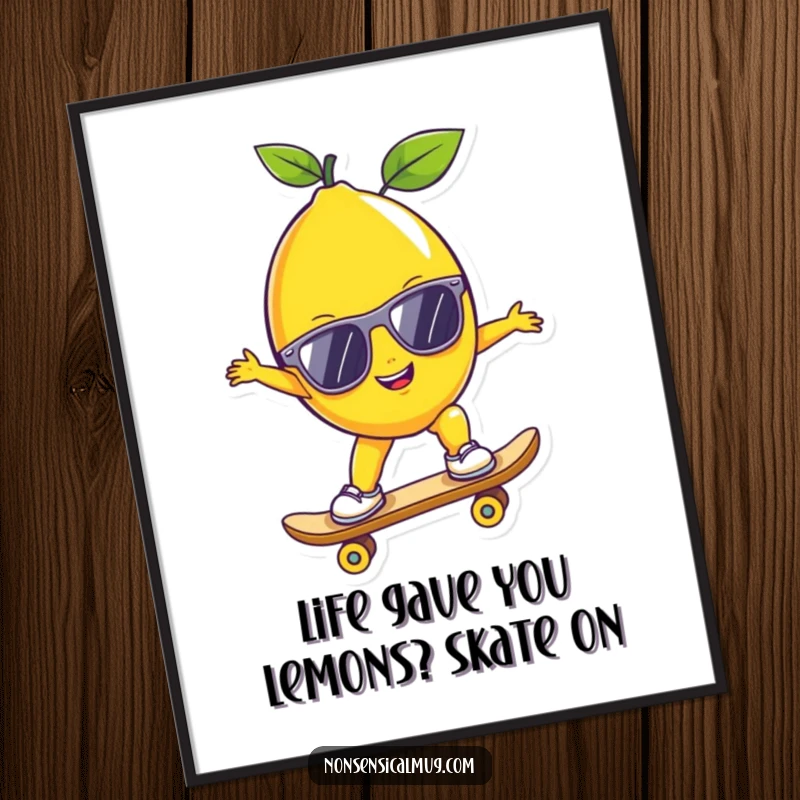 Funny Free Printable Wall Art: A lemon with sunglasses confidently rides a skateboard, exuding ultimate cool and playful energy.