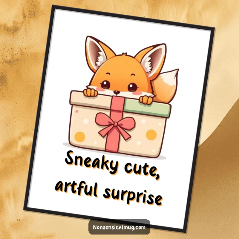 Funny Free Printable Wall Art: A kawaii fox peeks playfully from behind a large, colorful gift box, adding charm.