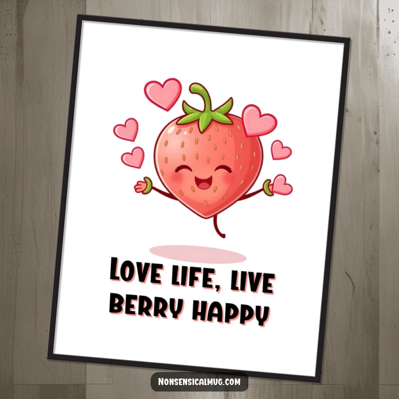 Funny Free Printable Wall Art: A cheerful strawberry character joyfully juggling multiple red hearts in mid-air.