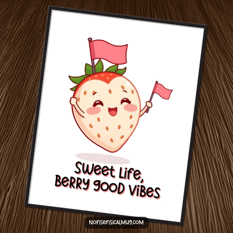 Funny Free Printable Wall Art: A cute strawberry character with tiny arms enthusiastically waving a miniature flag.