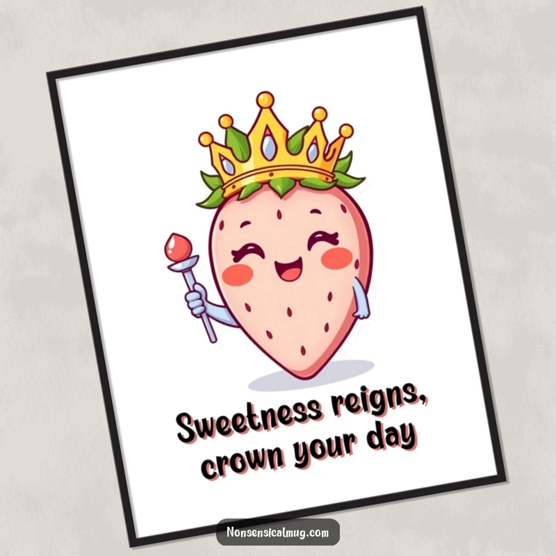 Funny Free Printable wall art, a smiling strawberry wearing a crown and holding a tiny scepter, depicted with a regal and happy demeanor.