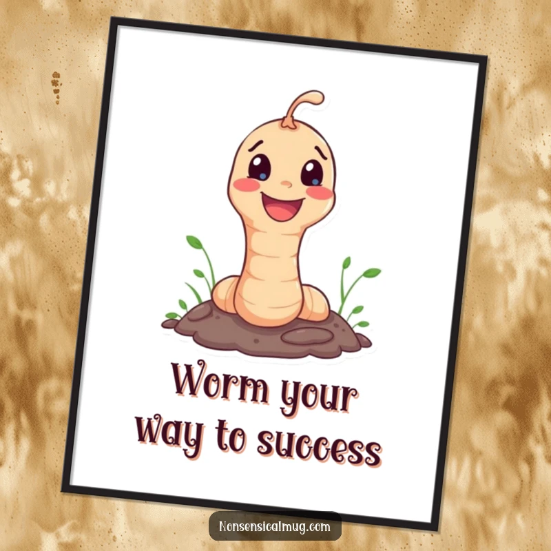 Funny Free Printable Wall Art: A happy little worm character joyfully pops out of the ground, adding a whimsical touch.