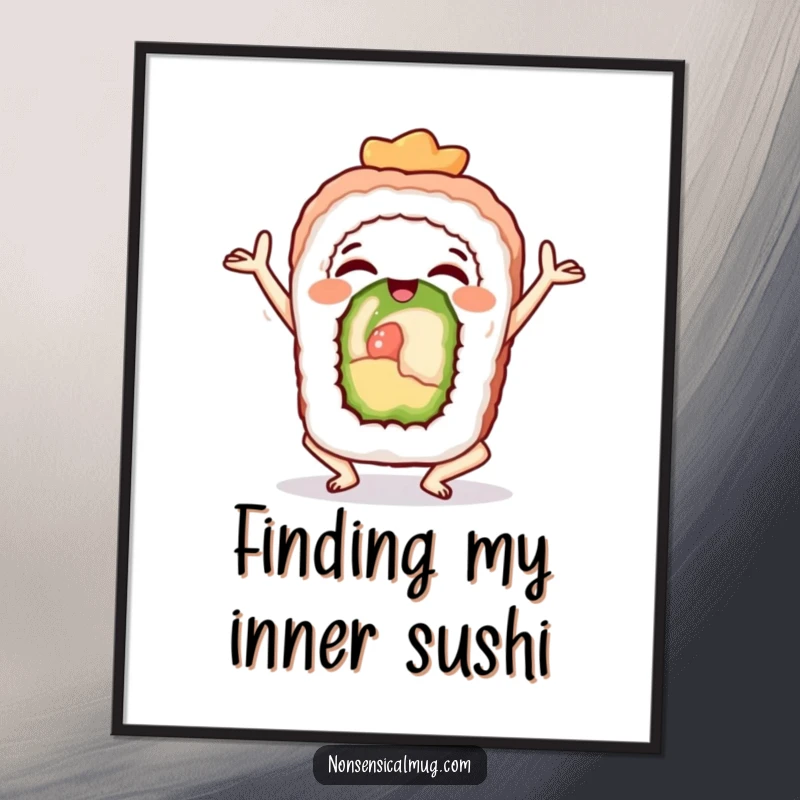 Funny Free Printable Wall Art: A happy sushi roll perfectly holds a yoga pose, radiating calm and delightful energy.