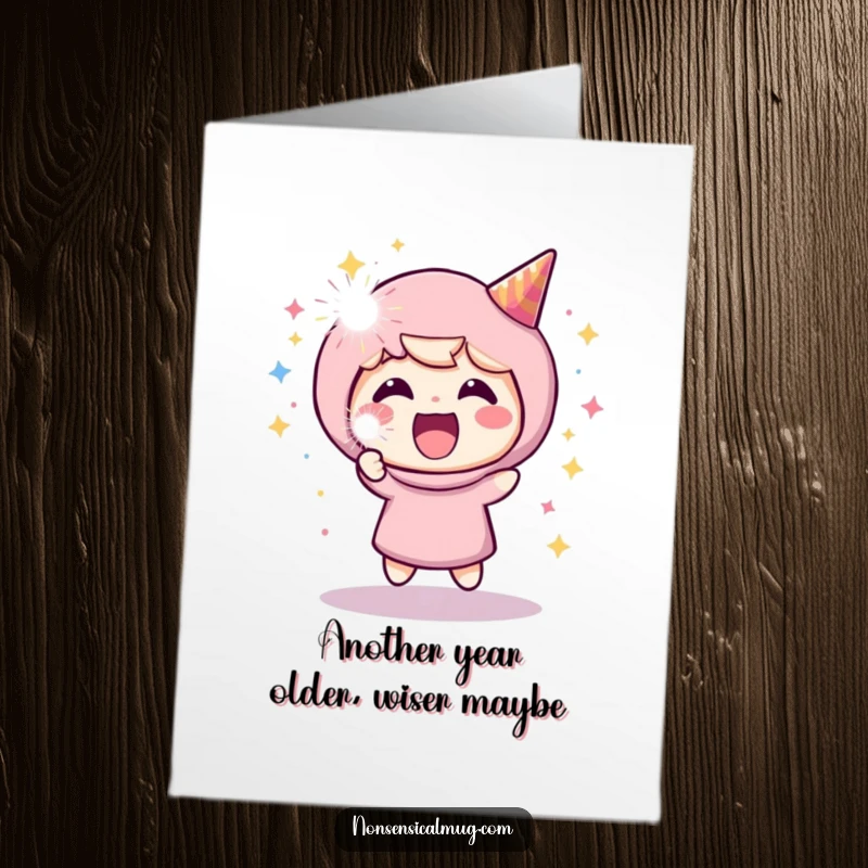 Funny Free Printable Birthday Card: Character gleefully blasts a party popper, showering confetti, perfect for a joyous celebration.