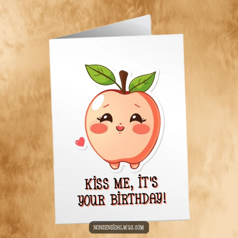 Funny Free Printable Apple Birthday Card featuring a blushing apple happily blowing a kiss, sending sweet birthday wishes.
