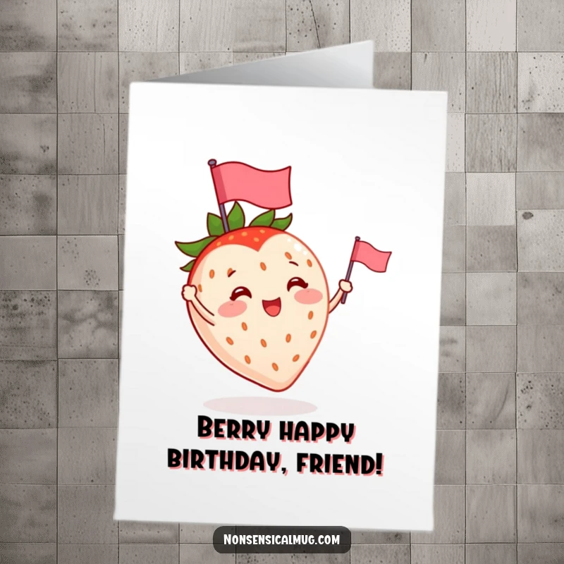 Funny Free Printable Birthday Card: A cute strawberry character with little arms excitedly waving a mini flag.