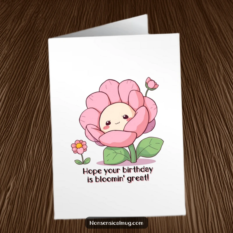 Funny free printable birthday card of a cute blob character curiously peeking from behind a large, vibrant flower.