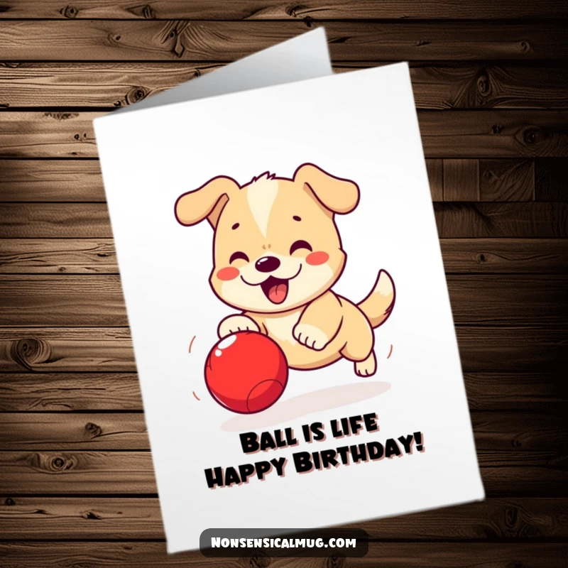 Funny Free Printable Birthday Card: Kawaii dog with huge eyes joyfully chasing a red ball, ready for a surprise.