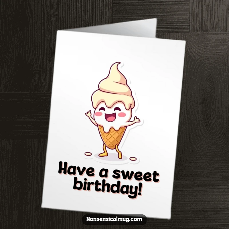 Funny Free Printable Birthday Card: Melting ice cream cone character doing a silly dance, celebrating birthdays with a sweet, downloadable groove.