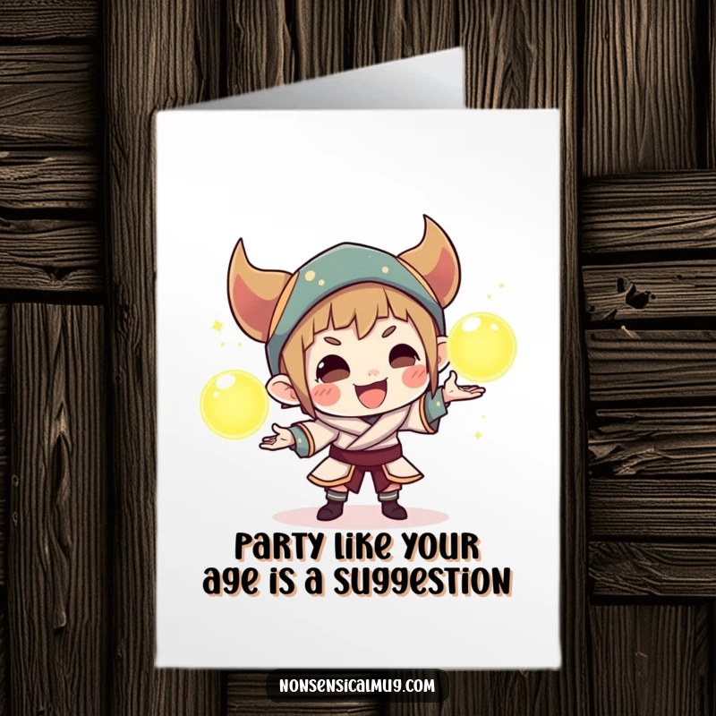 Funny Free Printable Birthday Card: Mischievous character expertly juggles three bright, glowing orbs, hinting at magical birthday wishes.