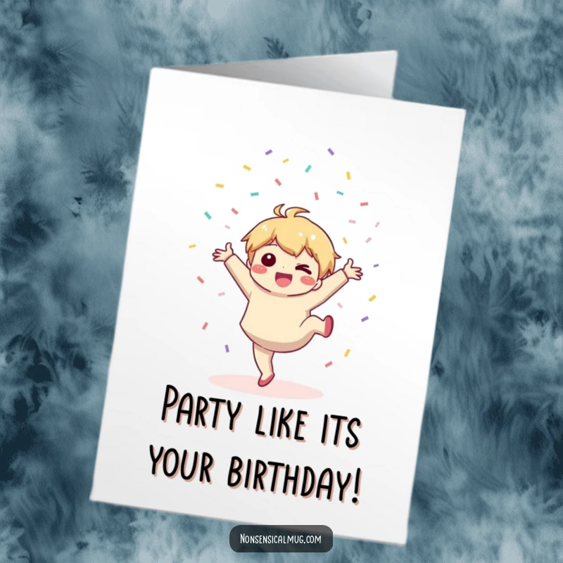 Funny Free Printable Birthday Card: Cute Kawaii character joyfully throws confetti mid-cartwheel.