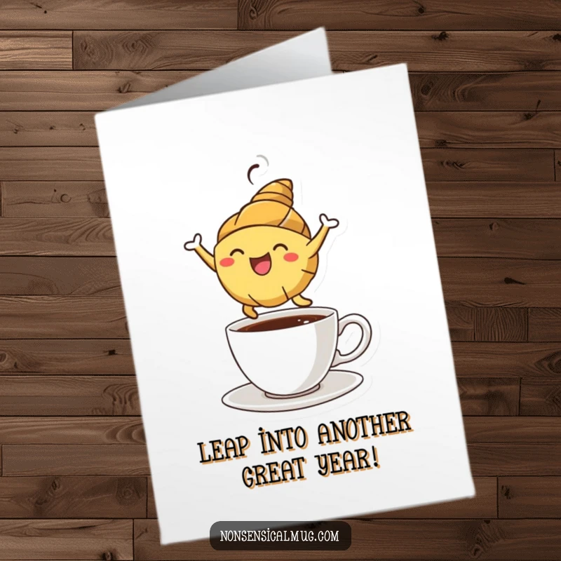 Funny Free Printable Birthday Card: A happy croissant character leaping over a coffee cup with pure joy.