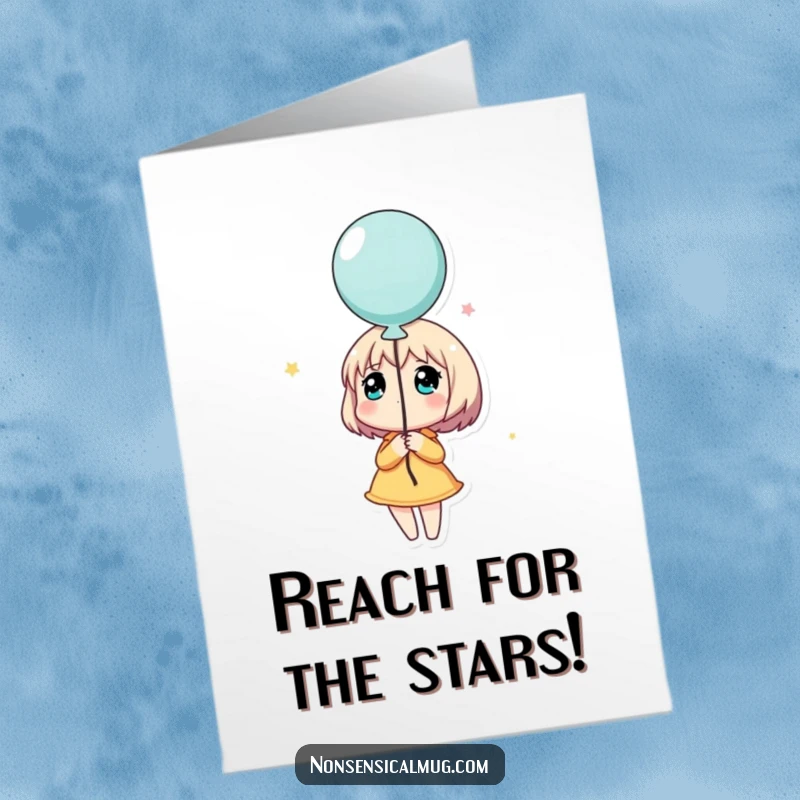 Funny free printable birthday card of a character holding a balloon, looking up dreamily at the sky with hopeful eyes.