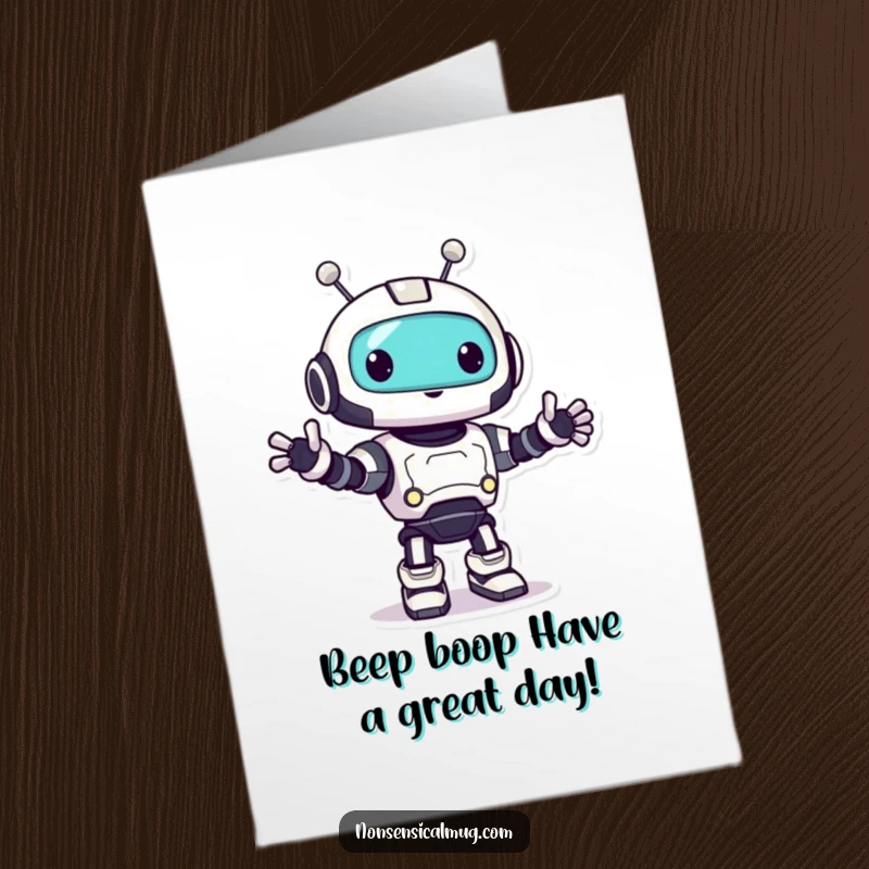 Funny Free Printable Robot Birthday Card: A cheerful robot character joyfully doing a happy little bop dance.