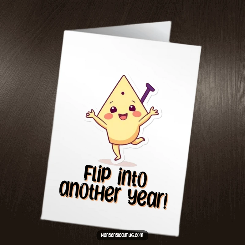 Funny Free Printable Birthday Card: A joyful triangular character performs an energetic cartwheel with a wide smile.