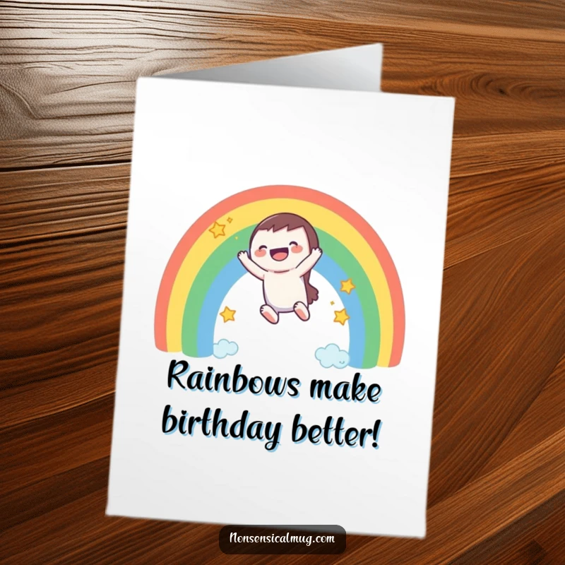 Funny Free Printable Birthday Card: Character slides down a rainbow, laughing hysterically amidst trailing stars.