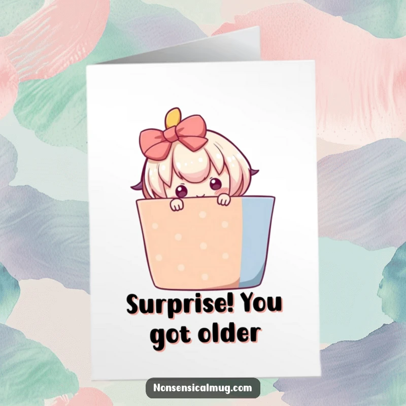 Funny free printable birthday card of a blushing character shyly peeking from behind a large, colorful gift box.