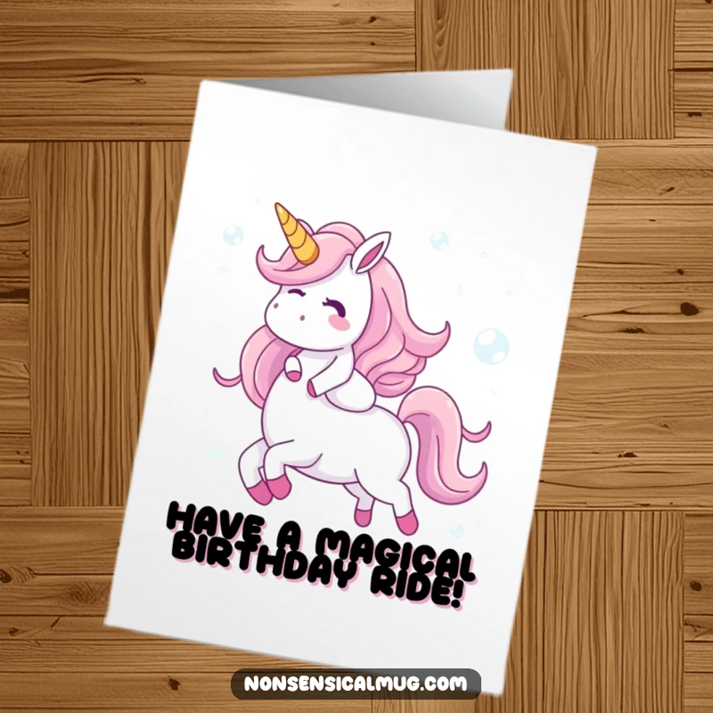 Funny Free Printable Birthday Card: Giggling character rides a majestic unicorn composed entirely of shimmering, iridescent bubbles.