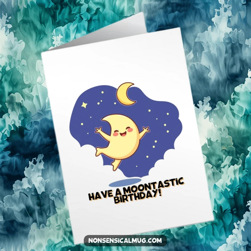 Funny Free Printable Birthday Card: A smiling crescent moon character joyfully performing a cartwheel in the dark night sky.