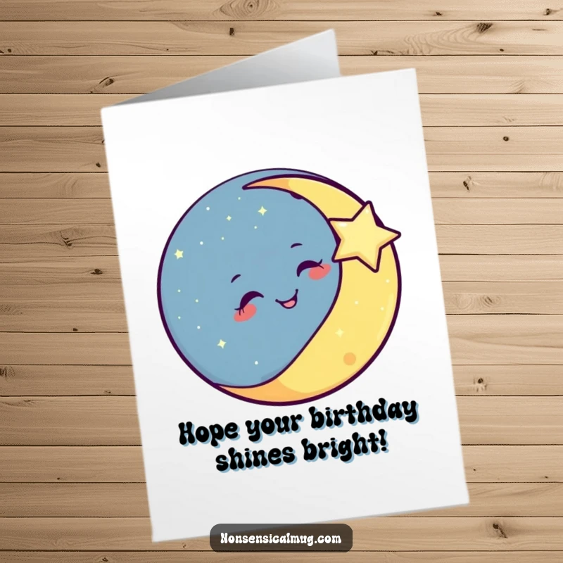 Funny free printable birthday card with a smiling moon playfully winking at a bright, twinkling star in the night sky.