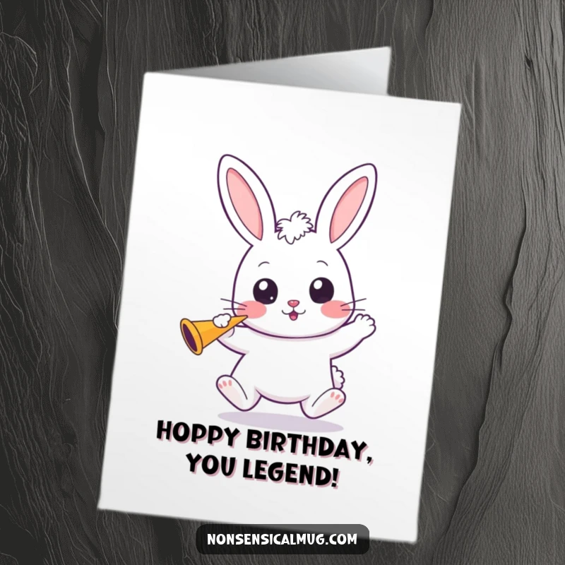 Funny Free Printable Birthday Card featuring a bouncing kawaii bunny with wide eyes, happily blowing a party horn.
