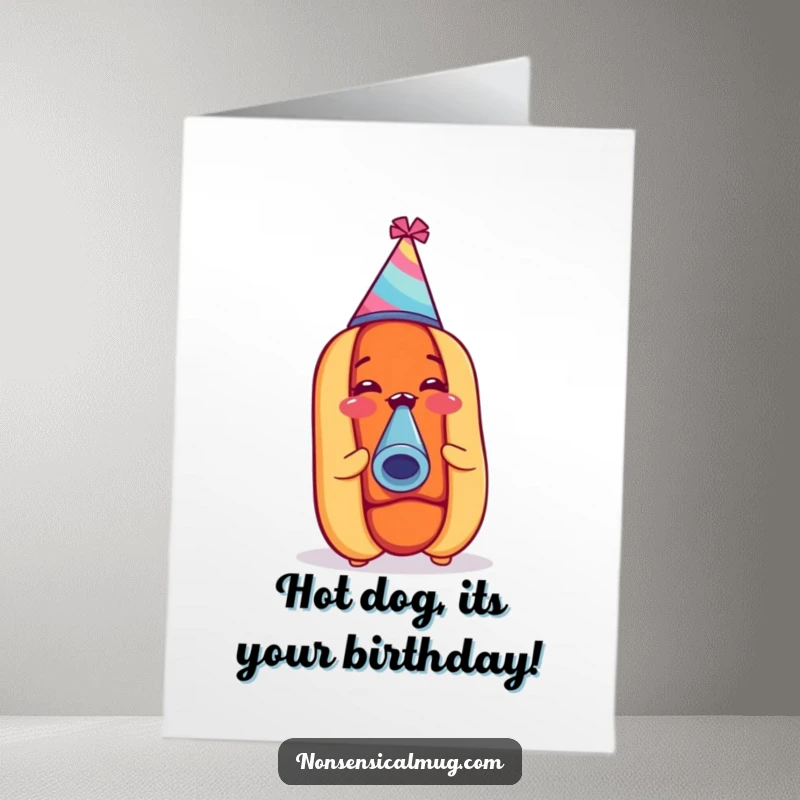 Funny Free Printable birthday card, a happy hot dog wearing a party hat and blowing a noisemaker, celebrating with pure joy.
