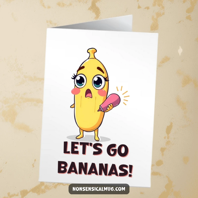 Funny free printable birthday card showing a surprised banana character with wide eyes holding a bursting party popper, ready for a wild celebration.