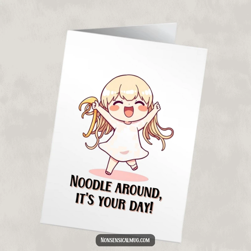 Funny Free Printable Birthday Card: Delighted character joyfully dances with a giant, wiggly noodle, spreading birthday cheer.