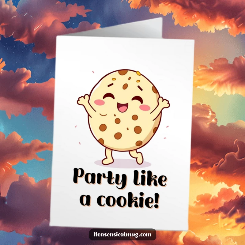 Funny free printable birthday card showing a delighted cookie character doing a happy dance with colorful sprinkles, perfect for a sweet celebration.