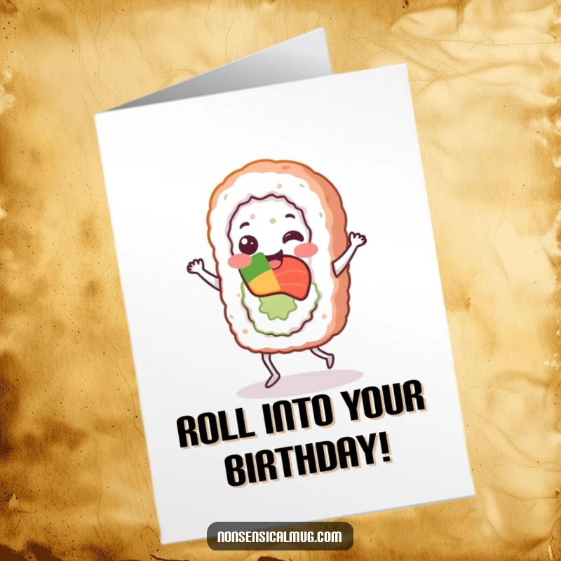Funny Free Printable Birthday Card: A cheerful sushi roll character happily doing a little jig and celebrating.