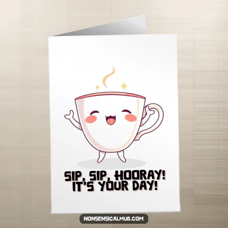 Funny free printable birthday card showing a cheerful teacup character with tiny arms and legs, joyfully twirling.