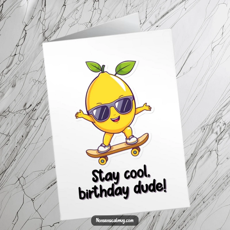 Funny Free Printable Birthday Card: A lemon in sunglasses rides a skateboard, bringing cool vibes and birthday wishes.
