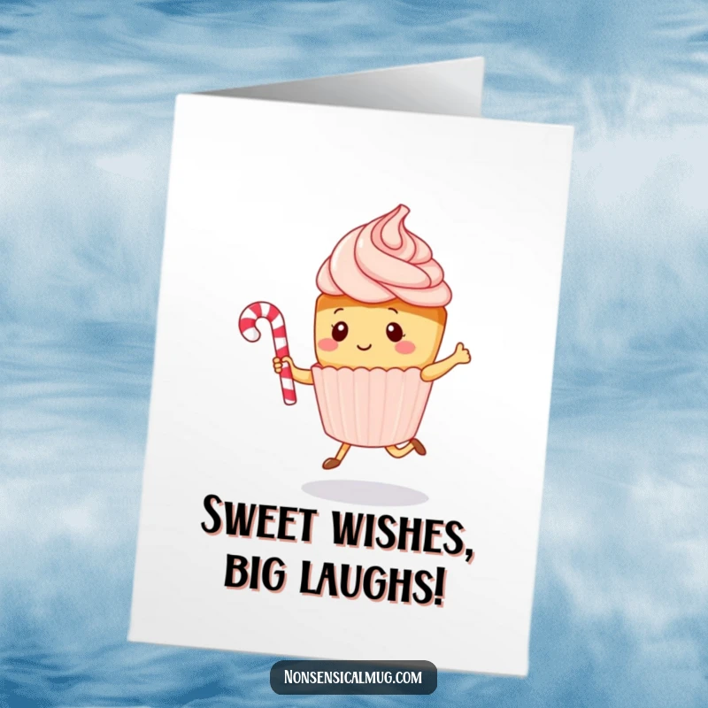 Funny free printable birthday card featuring a kawaii cupcake character playfully jumping rope with a candy cane, designed for a sweet celebration.