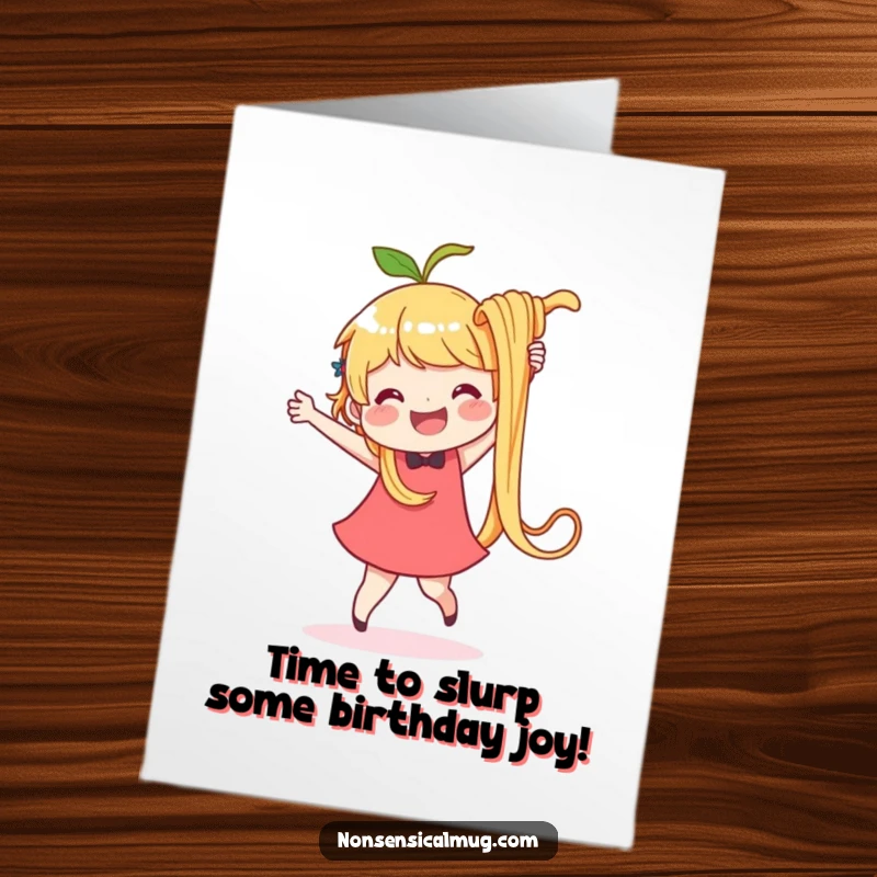 Funny Free Printable Birthday Card: delighted character joyfully dances with a single, oversized, wiggling noodle.