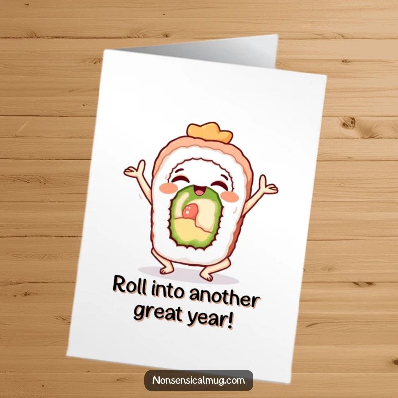 Funny Free Printable Birthday Card: A thrilled sushi roll in a perfect yoga pose sends birthday peace and joy.