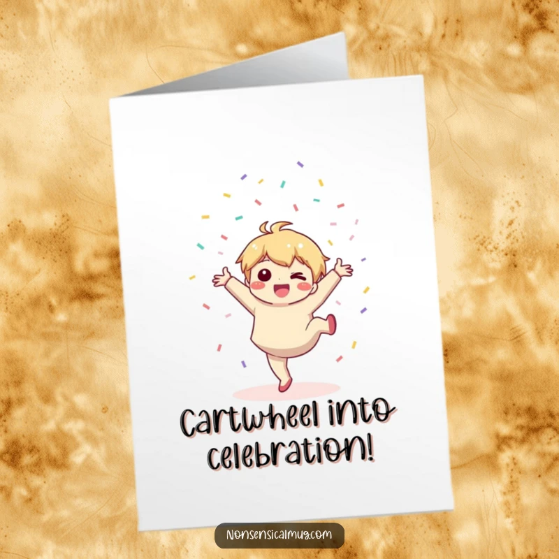 Funny Free Printable Congrats Card: Kawaii character performs a cartwheel, scattering joyful confetti.