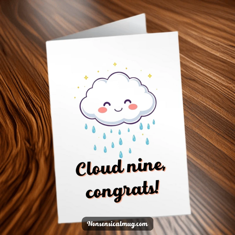 Funny Free Printable Congratulations Card: A grinning cloud character showers sparkling raindrops, signifying happy news.