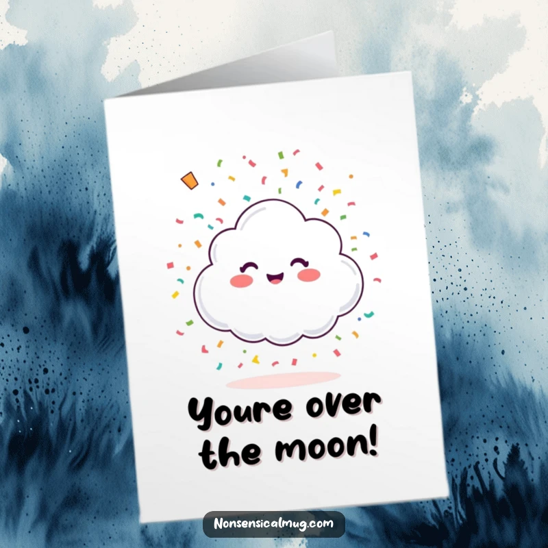Funny Free Printable Congrats Card: A happy cloud character showering colorful confetti from the sky to celebrate.