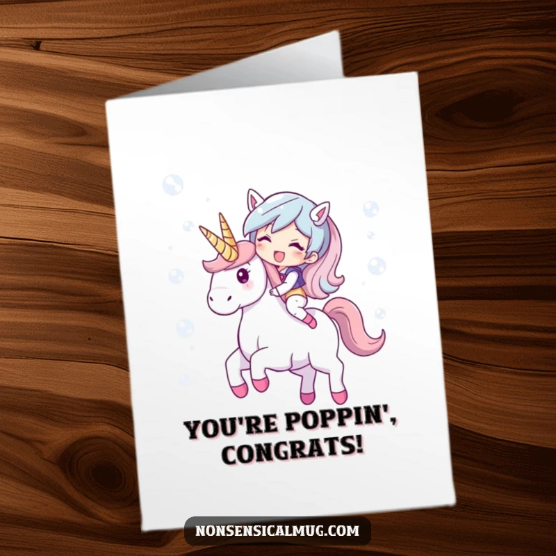 Funny Free Printable Congratulations Card: giggling character rides a unicorn made of shimmering bubbles, celebrating dreams.