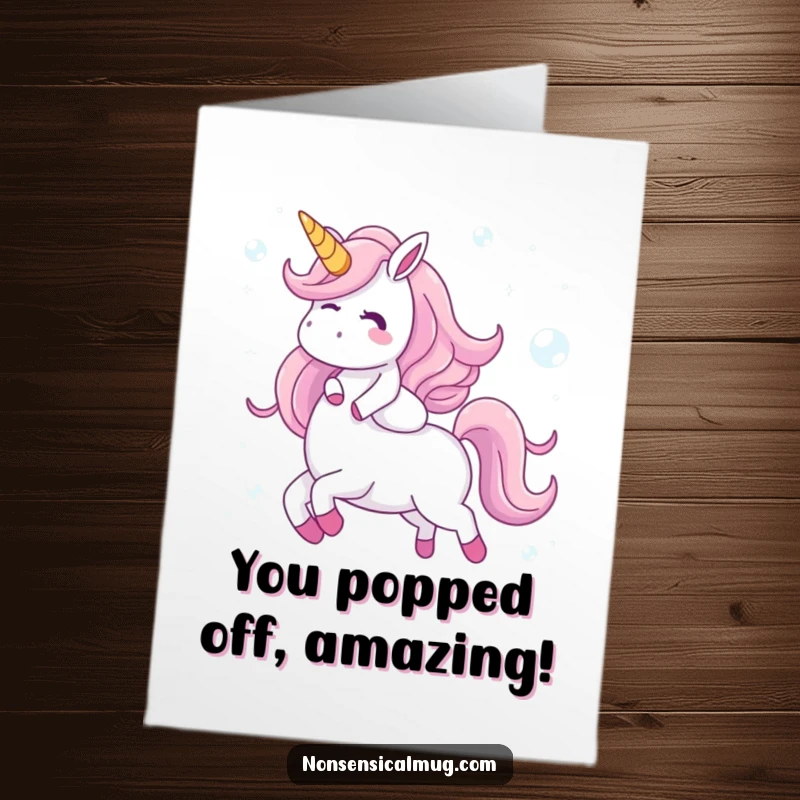Funny Free Printable Congrats Card: Giggling character joyfully rides a unicorn made of shimmering bubbles, celebrating success.