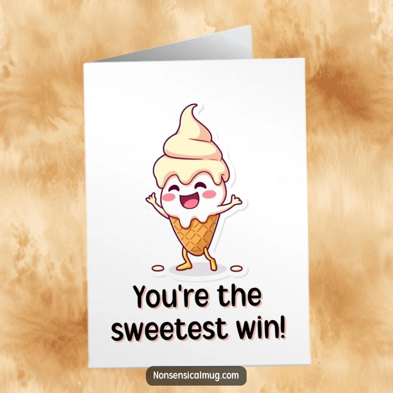 Funny Free Printable Congratulations Card: Melting ice cream cone character doing a silly dance, celebrating success with a sweet, downloadable boogie.