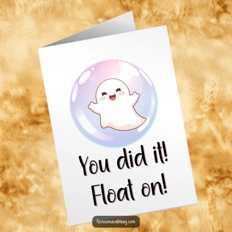 Funny free printable congratulations card showing a happy ghost floating inside a bubble, perfect for celebrating any occasion.