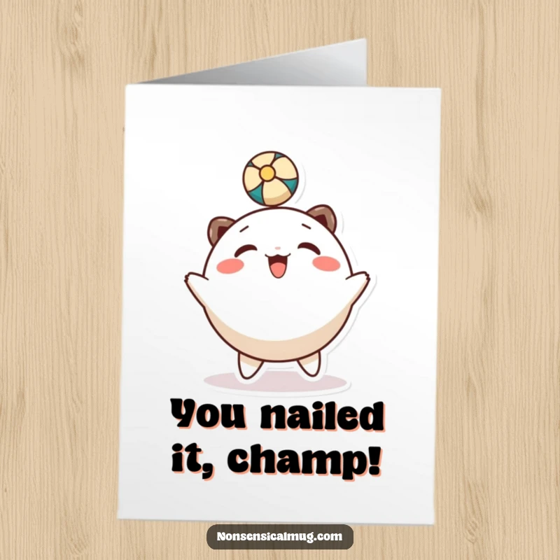 Funny Free Printable Congrats Card: Character gleefully bounces a ball on its head, celebrating a victory.