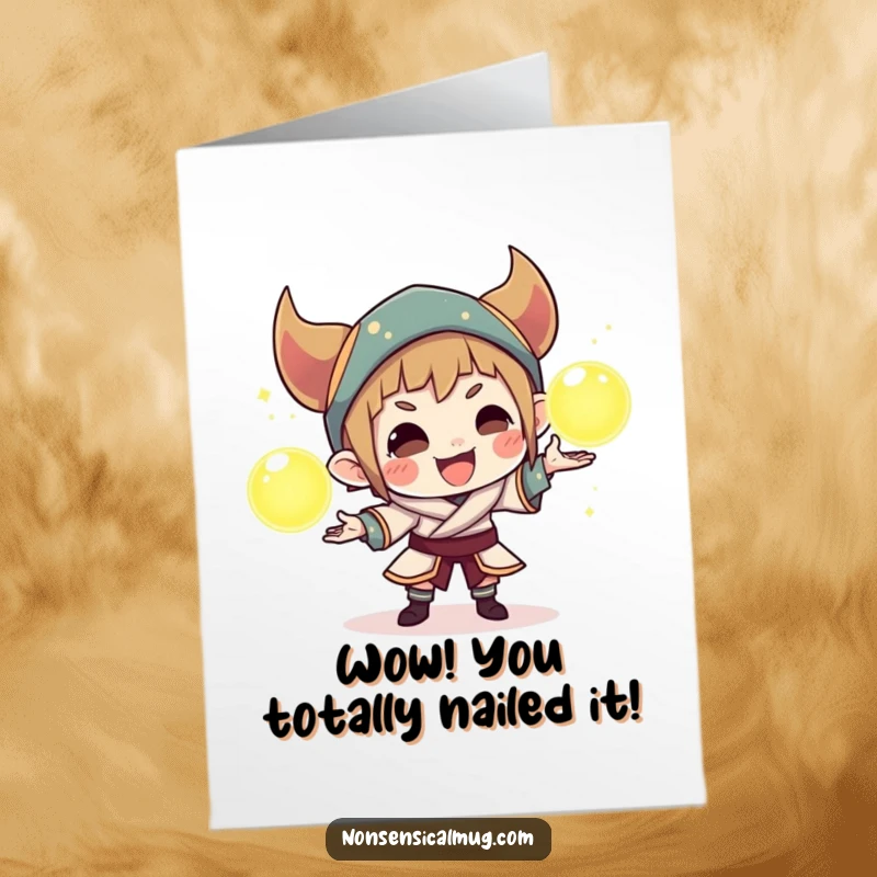 Funny Free Printable Congratulations Card: A mischievous character skillfully juggles glowing orbs, symbolizing a successful balancing act of achievements.