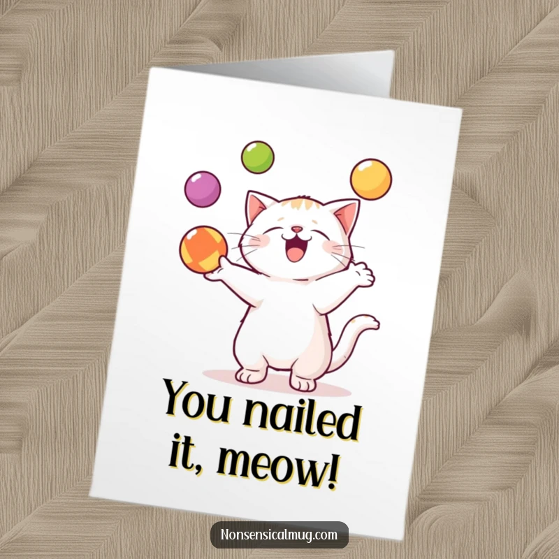 Funny Free Printable Congratulations Card featuring a kawaii cat enthusiastically juggling three vibrant balls, celebrating their win.