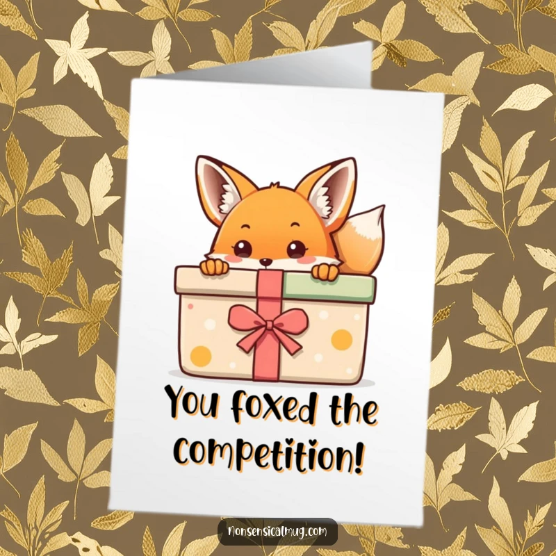 Funny Free Printable Congratulations Card: A cute kawaii fox peeks from behind a gift, celebrating an achievement sweetly.